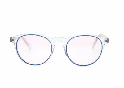 Stylish clear & blue acetate glasses frames by Mr Foureyes (Sky style, front shot)