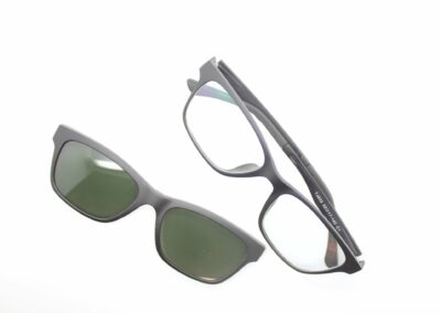 Taylor clip-on prescription sunglasses by Mr Foureyes showing optical glasses & clips